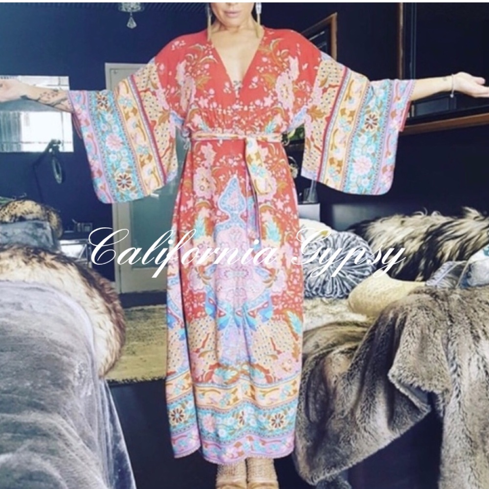 Lotus Gypsy Peacock Kimono Maxi Dress - Picture 1 of 10